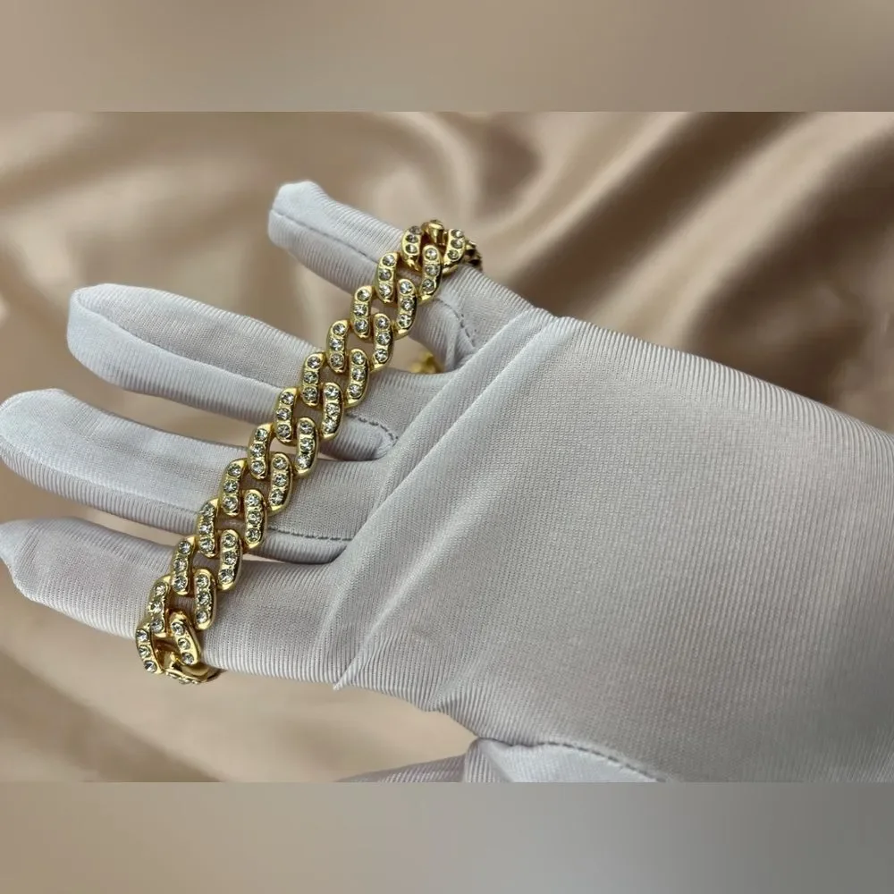 Gold-Tone Cuban Link Chain Necklace with Rhinestones
